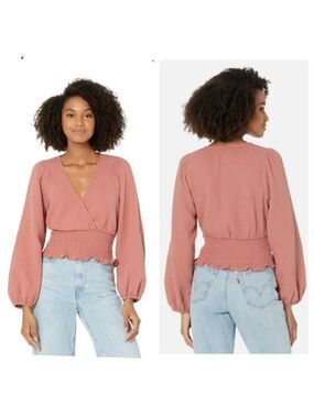 Madewell Julianne Lightspun Smocked Waist Top Dusty Rose V-Neck Size XL